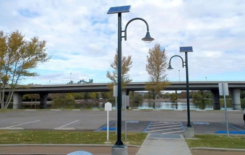 Close-up of a solar LED light fixture and panel