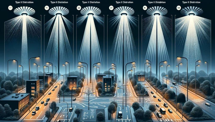 Diagram-style view of a street lit by a solar light showing its light distribution pattern