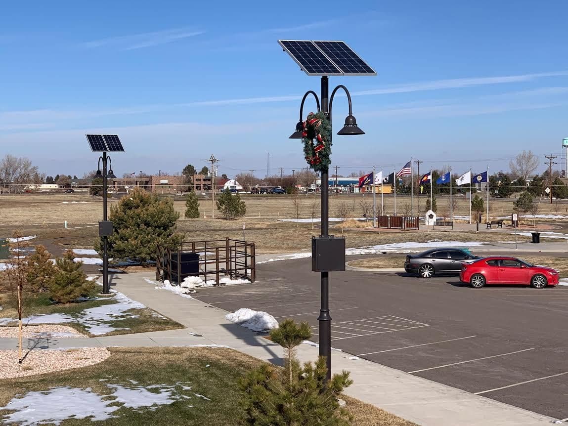 Solar street lights covered in snow during winter