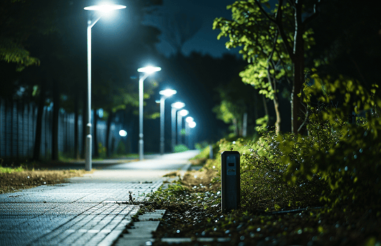 LED solar flood light illuminating a building perimeter at night